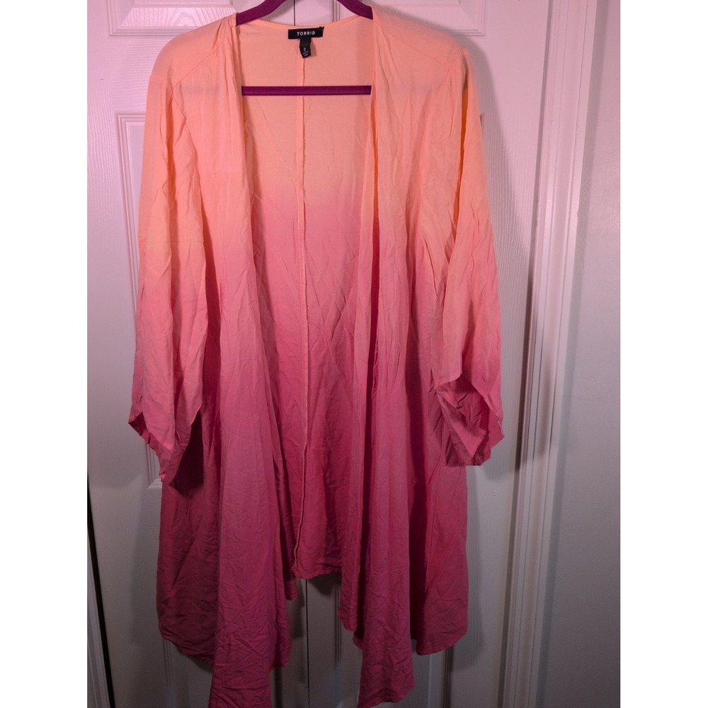 Torrid Pink Coral Ombre Kimono Cardigan Chiffon Drape Front Woven Size 2